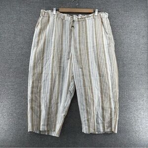 Chicos Pants Women Size 3 Striped 100% Linen Drawstring Straight Leg‎ Casual